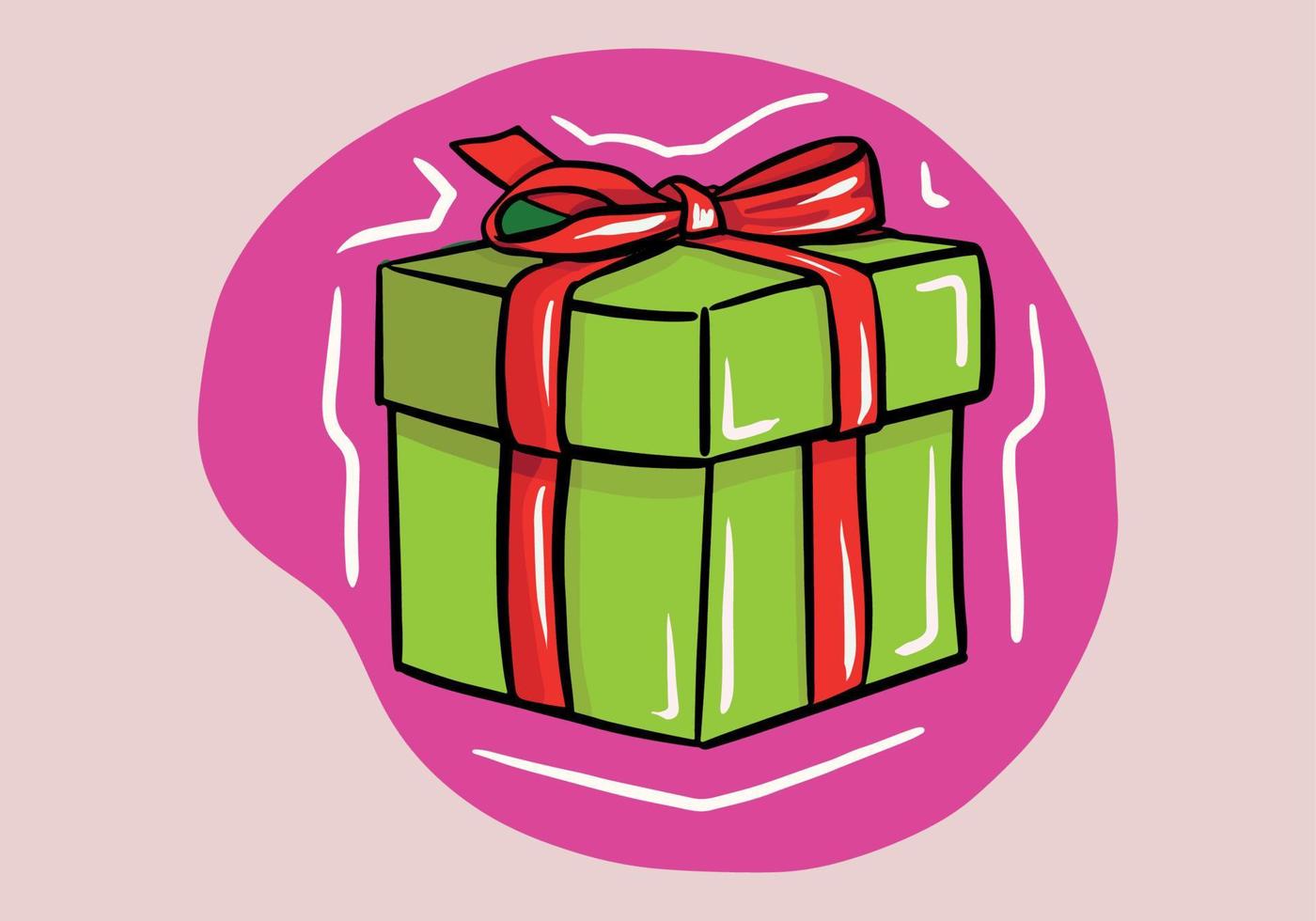 mano dibujado regalo caja. dibujos animados verde caja de regalo con el rojo satín arco aislado en antecedentes. vector