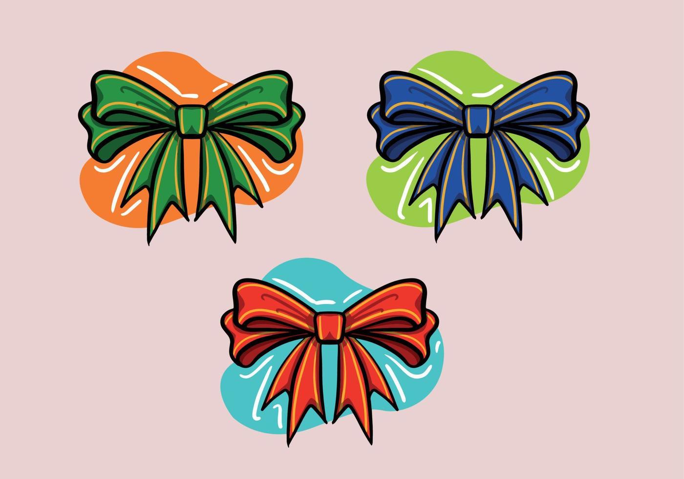 Hand drawn isolated knotted red, green, blue ribbon bow in cartoon style. vector
