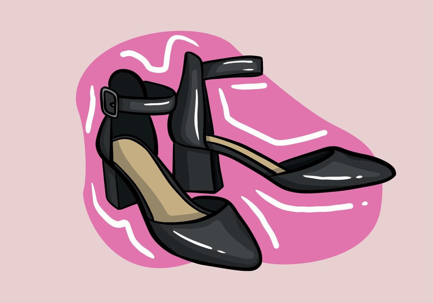 Hand drawn vector illustration of elegant fashionable black womens shoes with high heel isolated on background