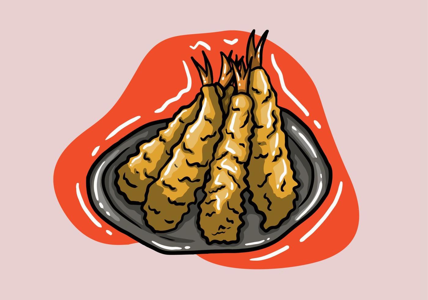 Hand drawn Delicious Tempura. Japanese food cartoon. Fried prawn. Flat vector illustration cartoon.