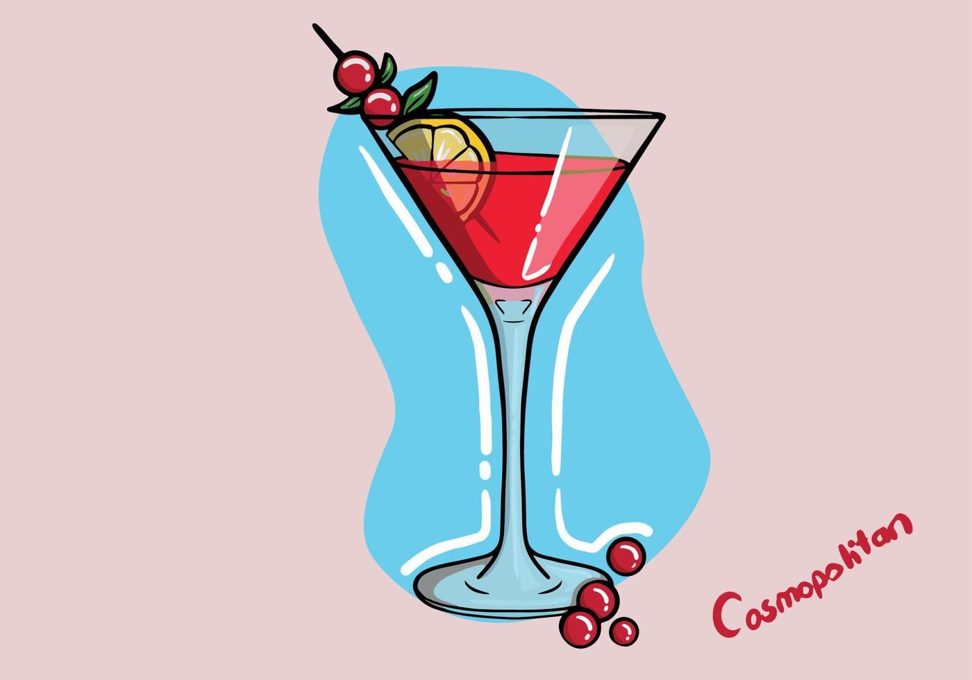 cosmopolita cóctel en martini vaso adornado con limón. verano aperitivo receta. retro minimalista impresión. tarjeta con alcohólico bebida con tropical palma sombra. vector ilustración.