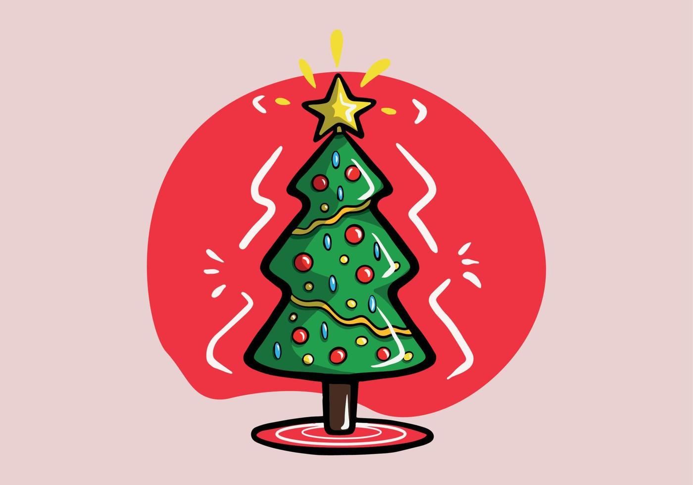 Christmas tree. Evergreen tree with decorations. Christmas and New Year celebration concept. Cartoon style, colorful drawing. vector
