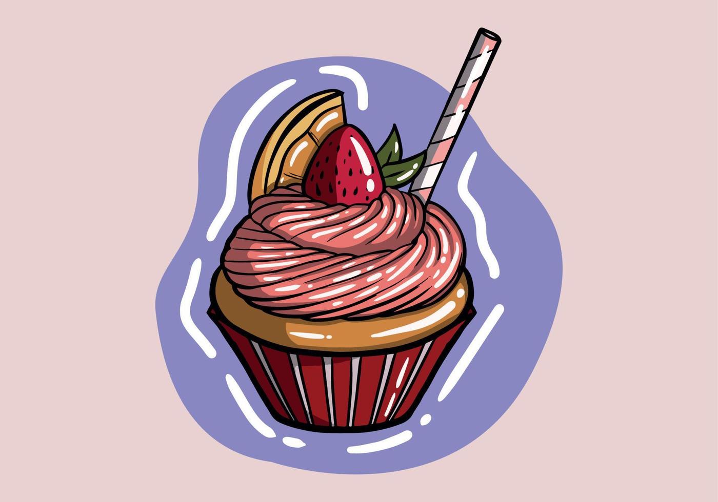 Vector of a sweet strawberry cupcake with strawberry and limon on the top. Hand drawn cupcake