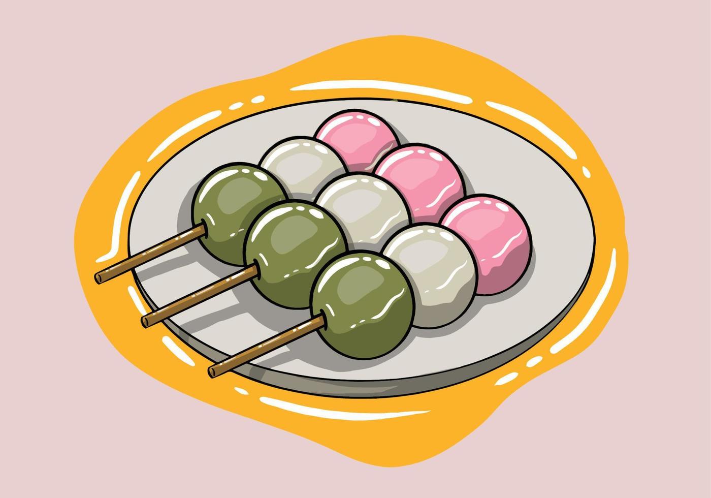 Japanese Spring Dango. Three-color dumplings dangos. Traditional Japanese dessert. Hand drawn hanami Dango. vector