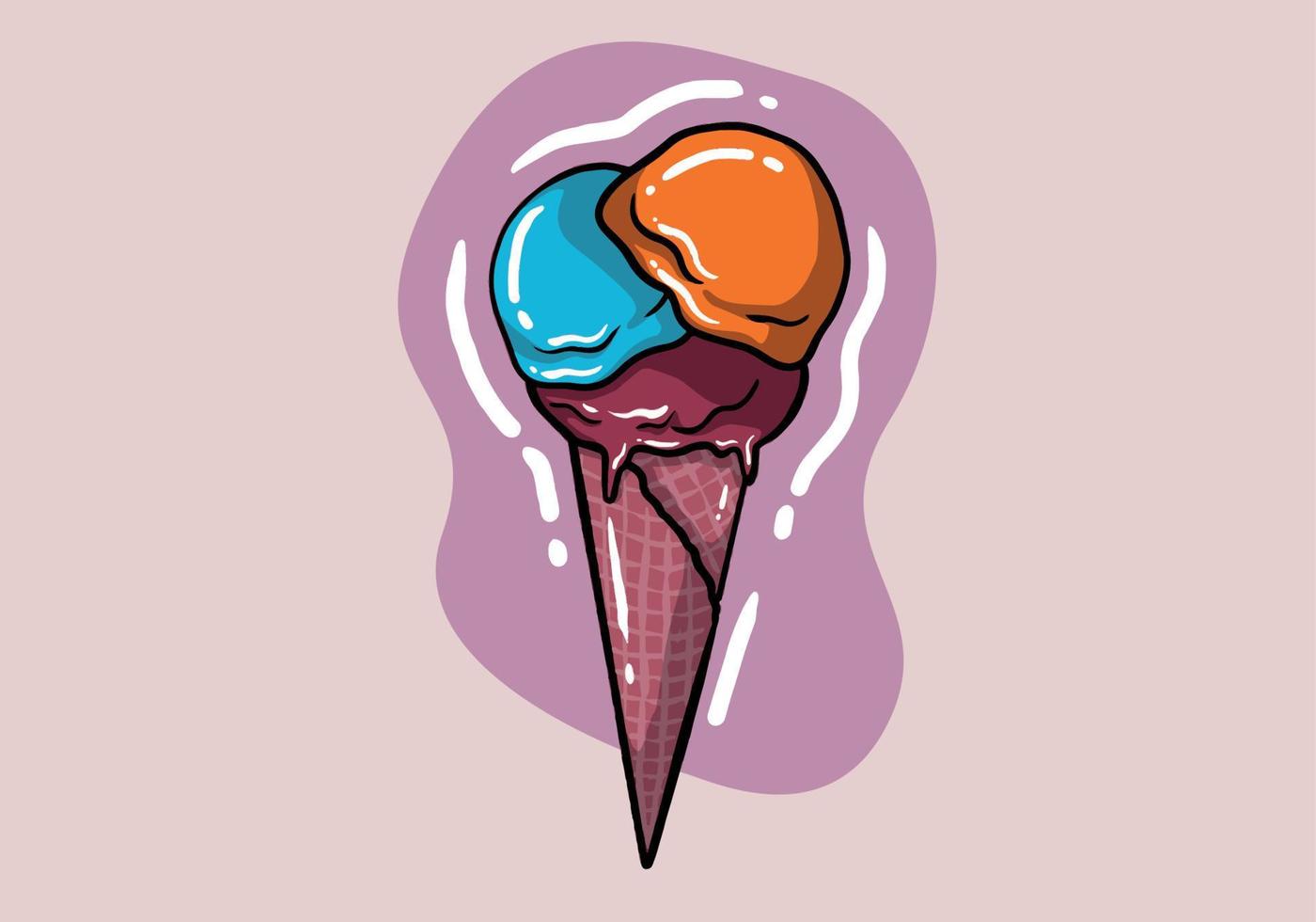 Waffle cone with three scoops of ice cream with different flavors. Colorful icecream balls with sprinkling. Colored flat vector illustration isolated on background.