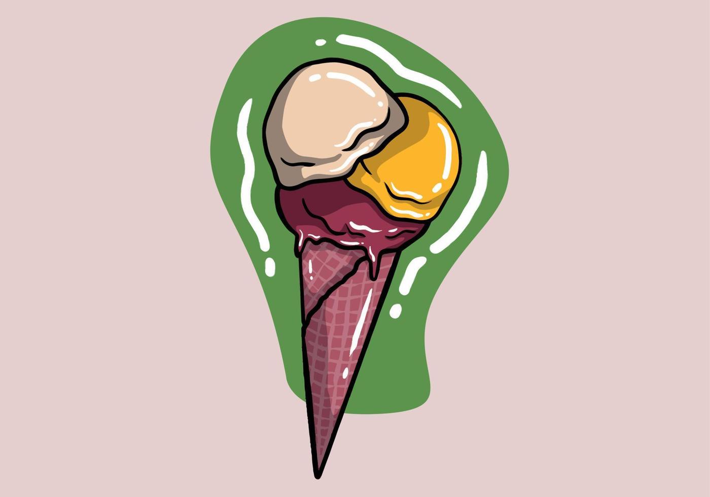 gofre cono con Tres cucharadas de hielo crema con diferente sabores vistoso helado pelotas con aspersión. de colores plano vector ilustración aislado en antecedentes.