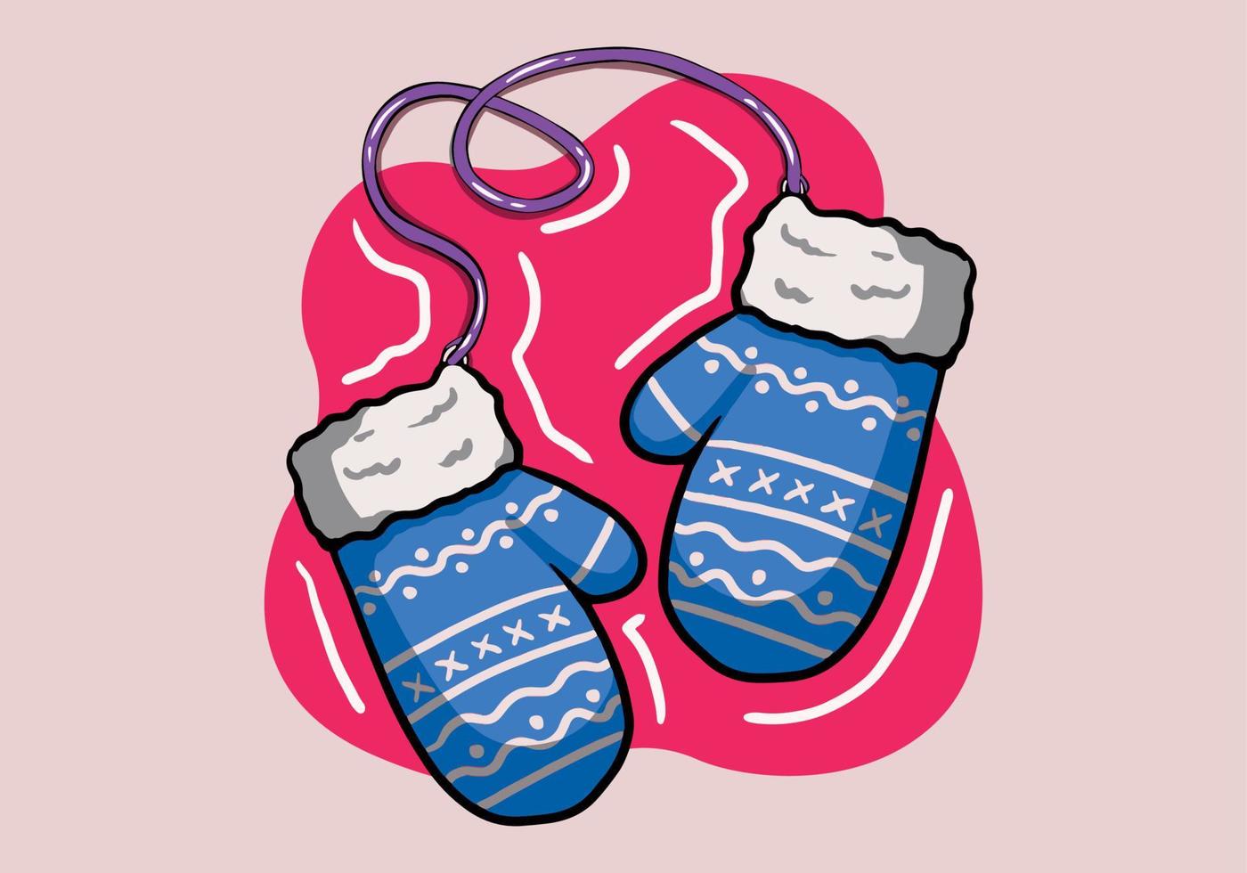 Hand drawn blue pair of woolen knitted mittens with zigzag pattern. Cozy winter gloves isolated on background. vector