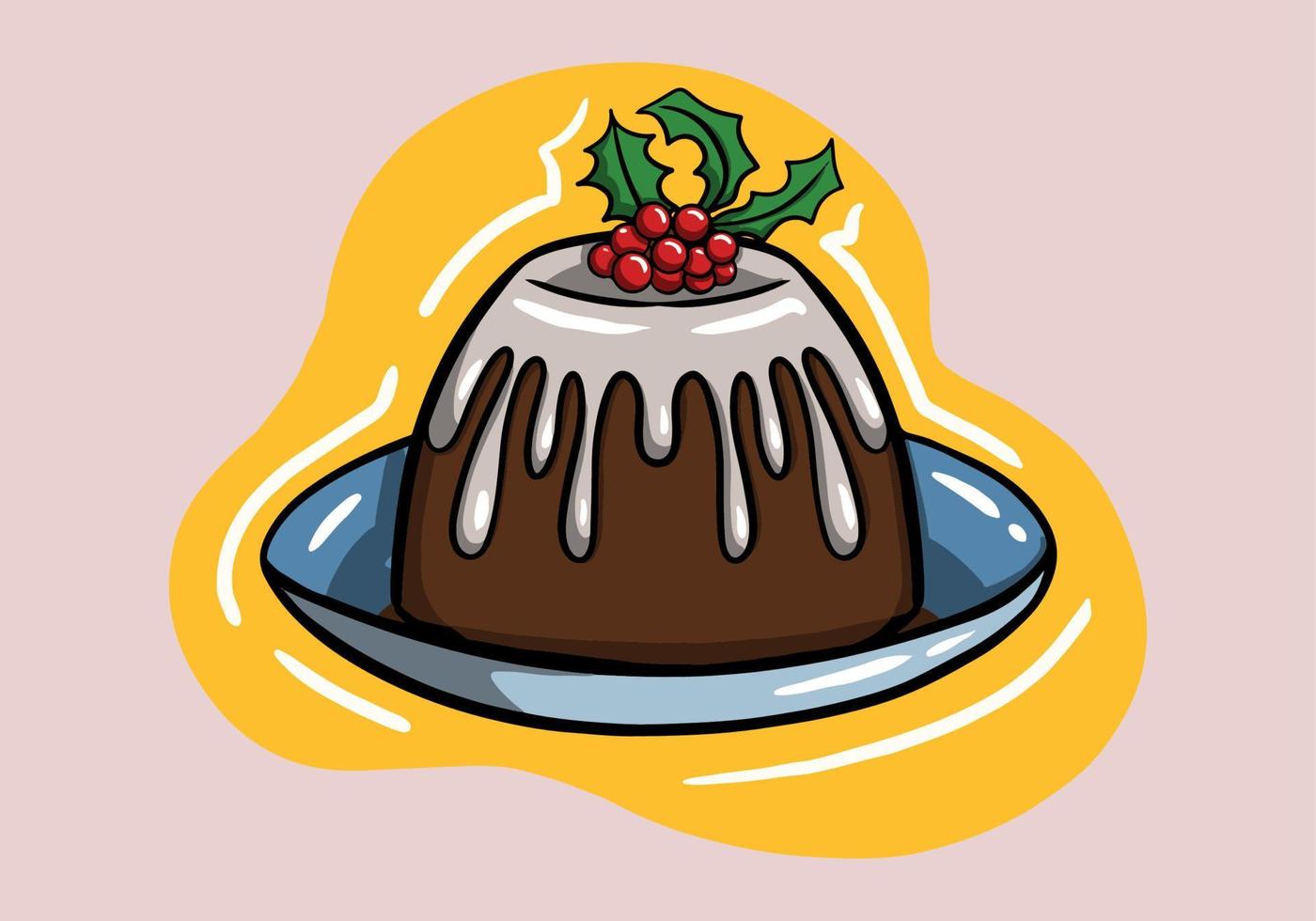 Christmas pudding with dripping brandy sauce and holly on a red plate vector