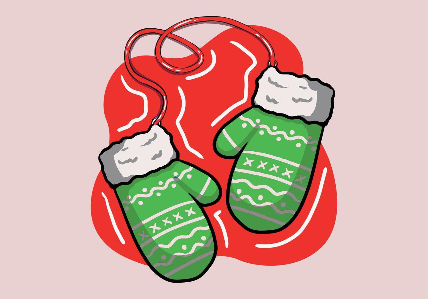 Hand drawn green pair of woolen knitted mittens with zigzag pattern. Cozy winter gloves isolated on background. vector