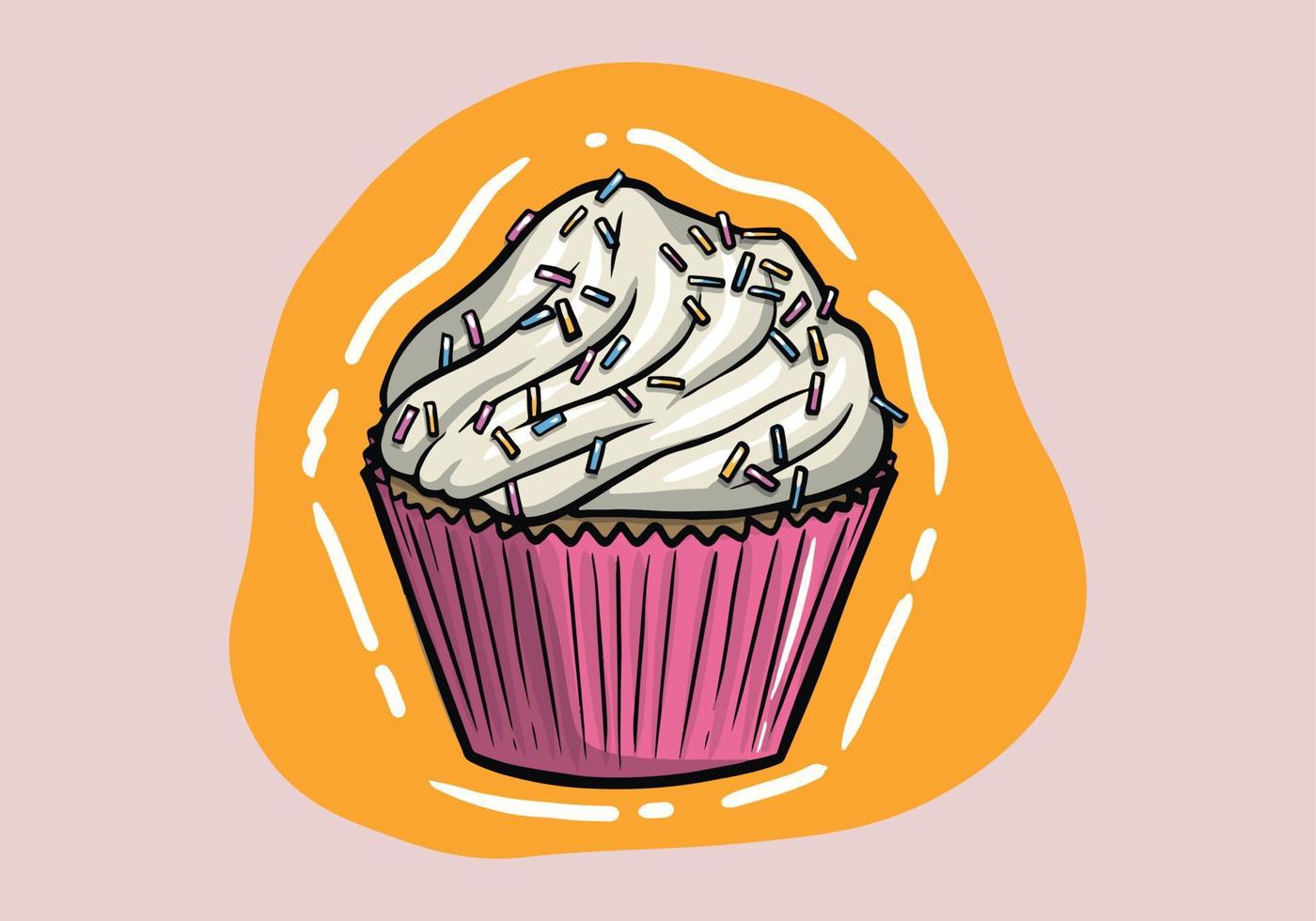 Vector of a sweet vanilla cupcake with frosting and sprinkles on the top. Hand drawn cupcake