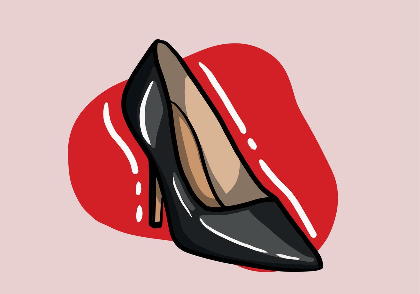Hand drawn vector illustration of elegant fashionable black womens shoe with high heel isolated on background