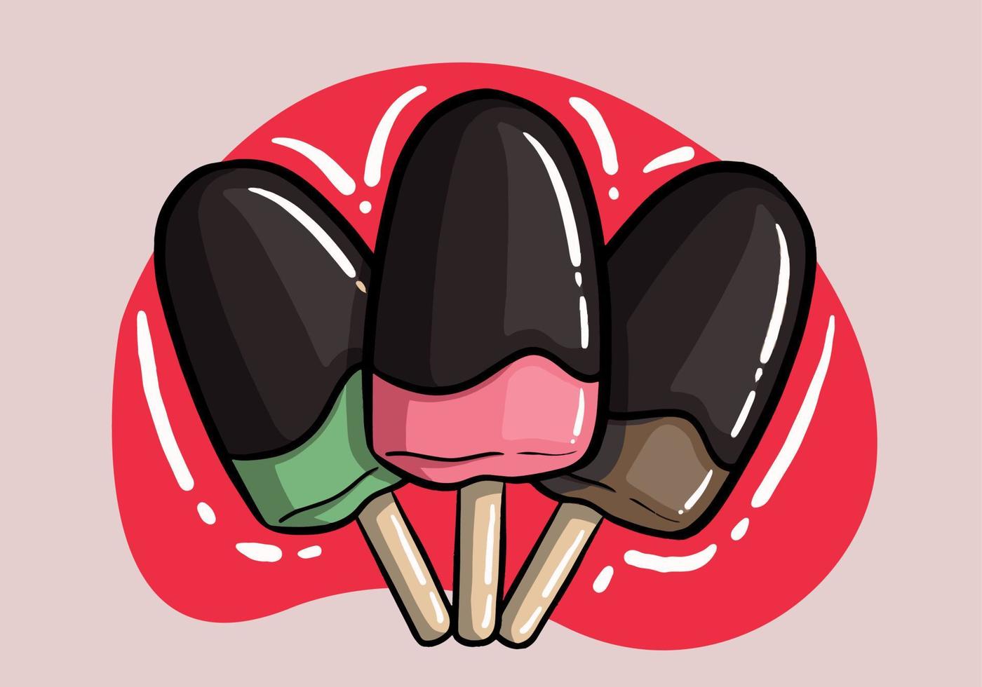 Refreshment ice-cream hand drawn vector set, three bright chocolate ice creams on a wooden stick in a different colors