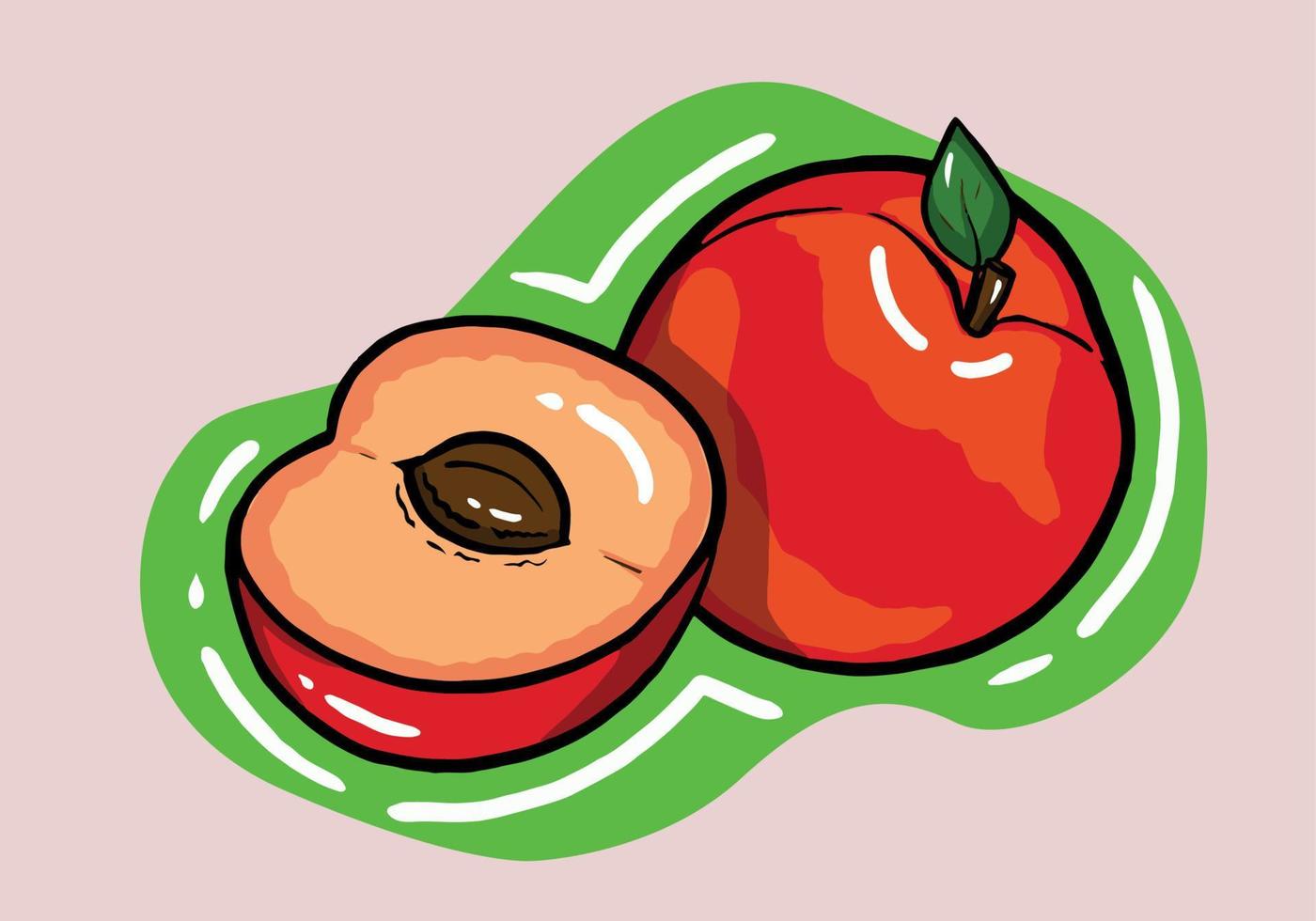 mano dibujado melocotón frutas con verde hoja aislado en antecedentes. dibujos animados estilo melocotón frutas vector