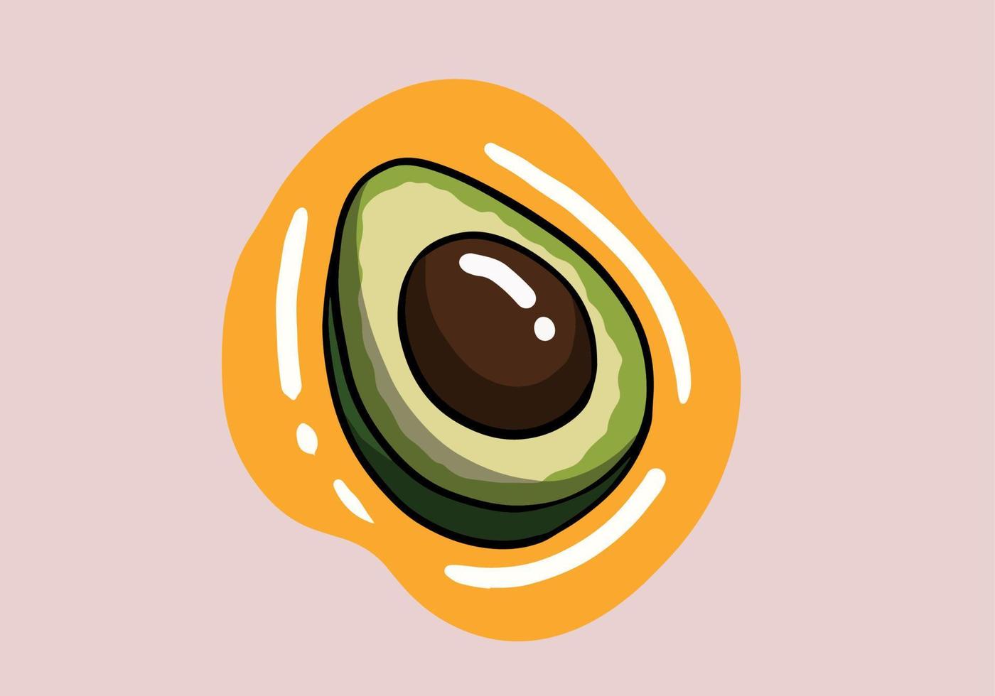 Hand drawn half avocado with leaf and seed. isolated on background. Vector illustration.