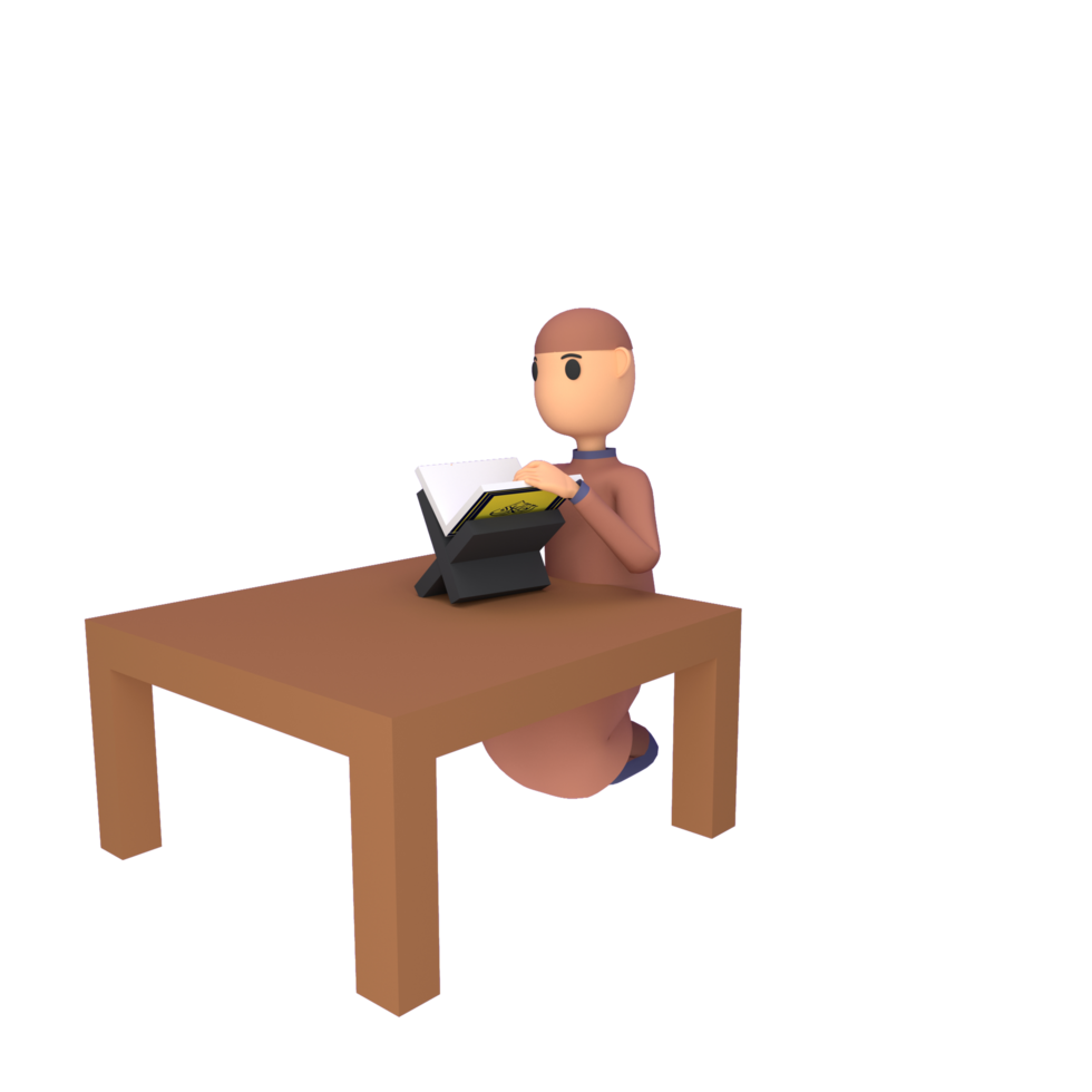 3d character Muslim man is reading Quran on the table alpha background png