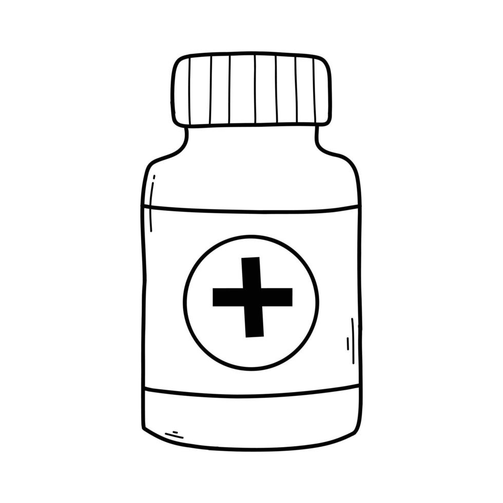 Bottle with pills. Medicine in doodle style. Vector illustration. Linear style.