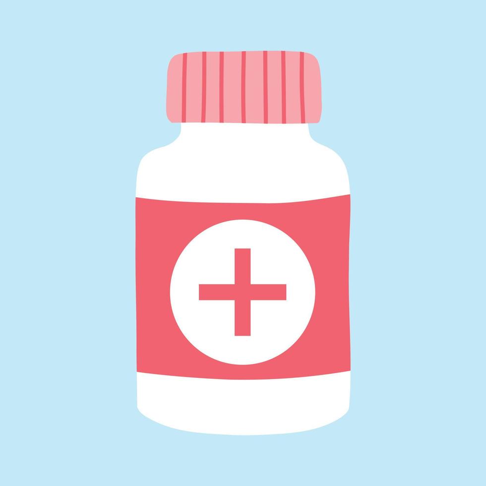 Bottle with pills. Medicine in flat style. Vector illustration. Flat hand drawn style.