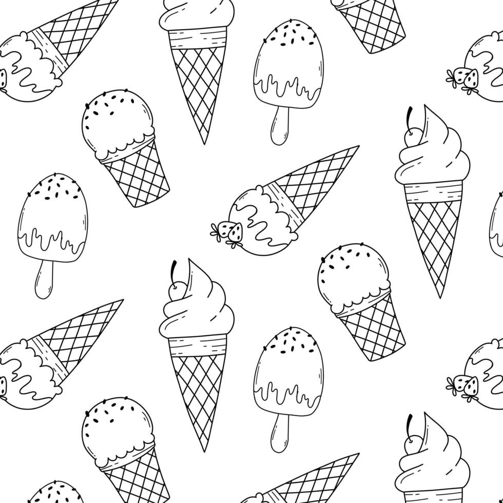 Seamless pattern with ice cream in doodle style. Vector illustration. Linear print with ice cream.