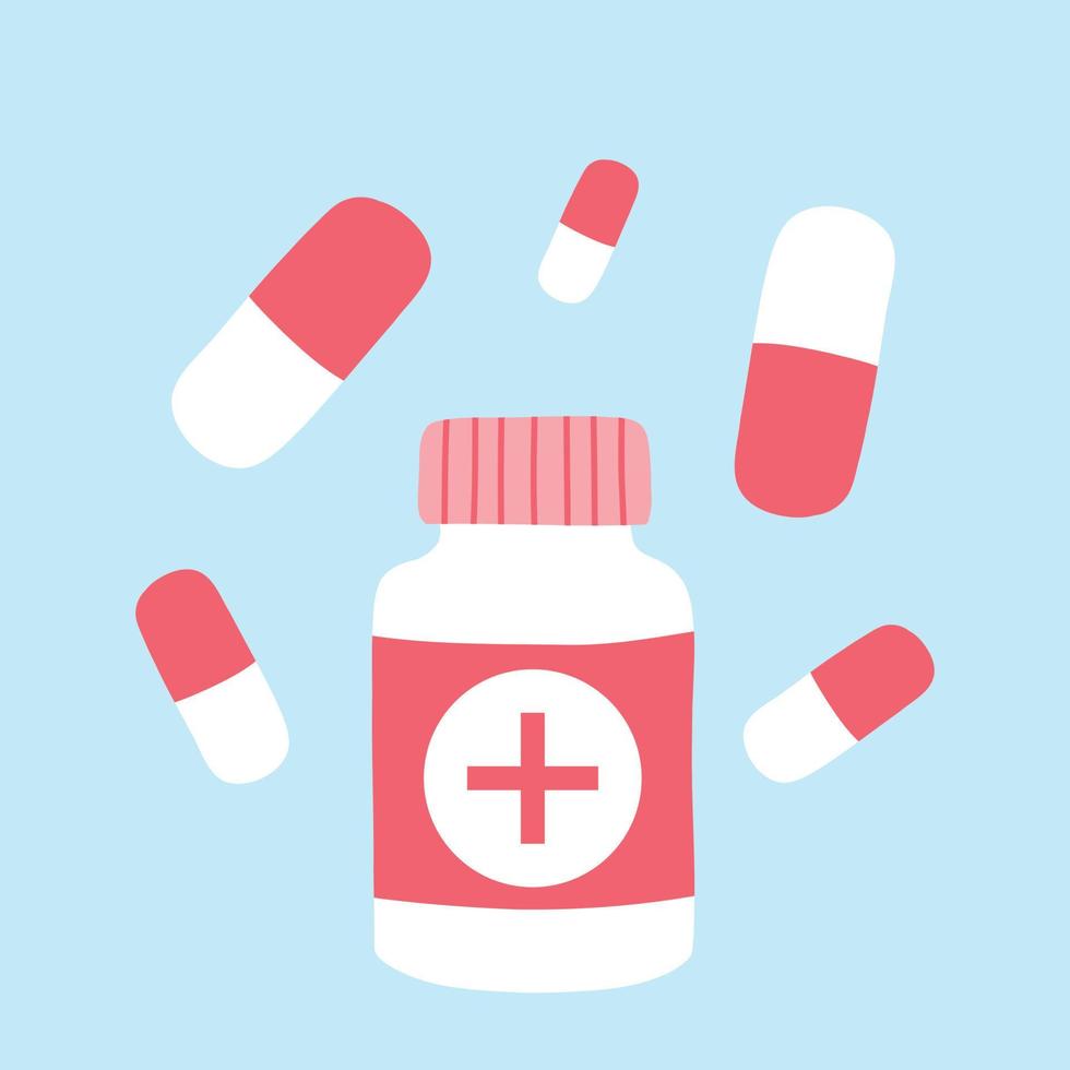 Bottle with pills. Medicine in flat style. Vector illustration. Flat hand drawn style.