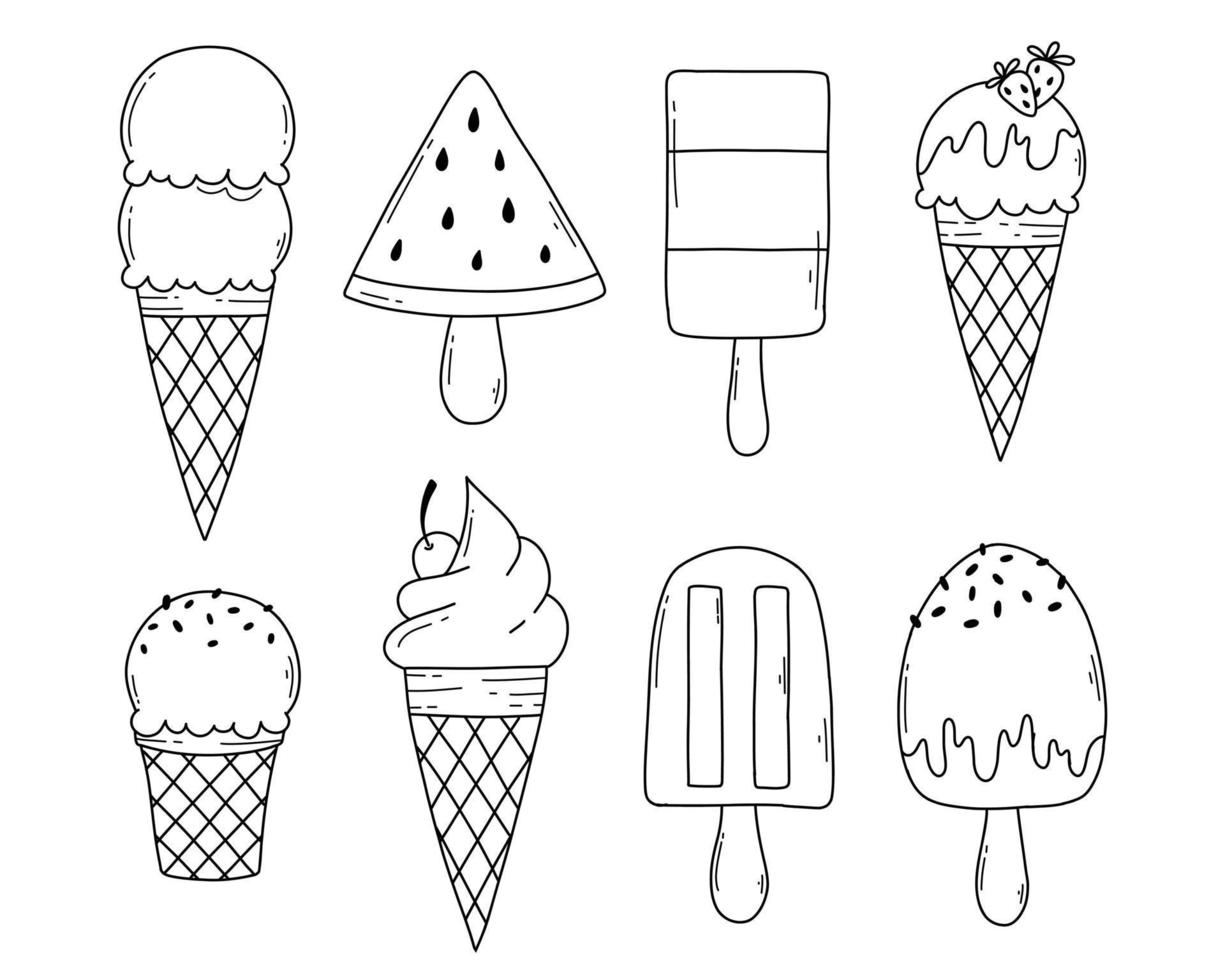 Set of ice creams in doodle style. Vector illustration. Linear style. Ice cream in a waffle cone with tubers.