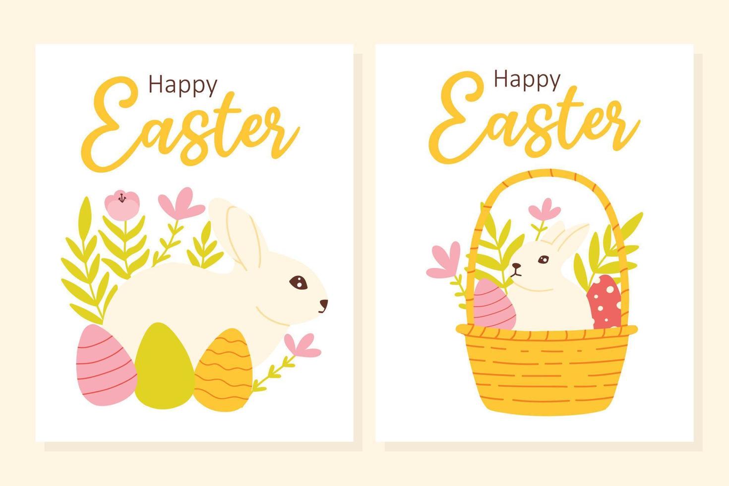 Set of Easter cards with cute Easter bunnies. Vector illustration. Flat hand drawn style. Collection of postcards for Easter.