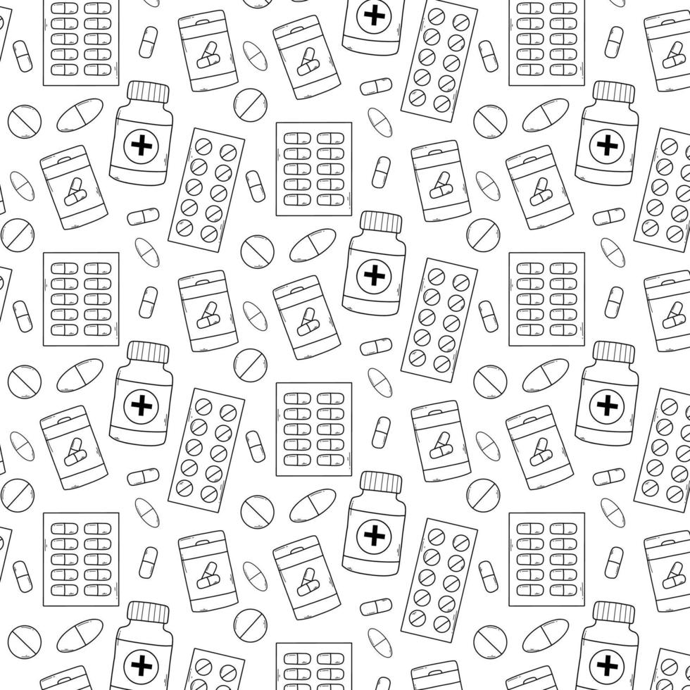 Seamless pattern with pills, vitamins and capsules. Medical print with drugs. Vector illustration. Doodle style.