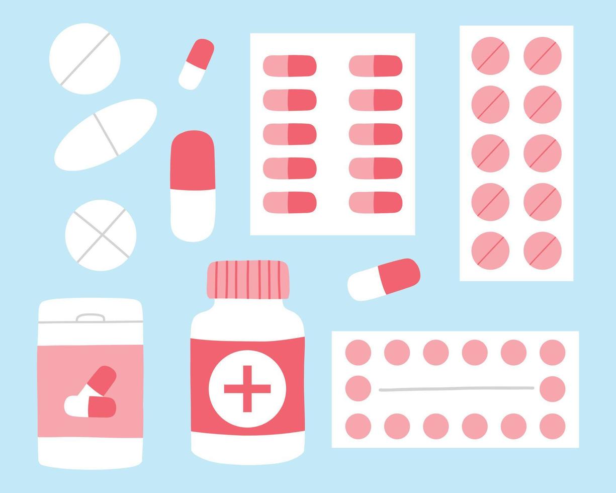 A set of tablets, vitamins and capsules. Collection of medicines. Vector illustration . Flat hand drawn style. Medical preparations.