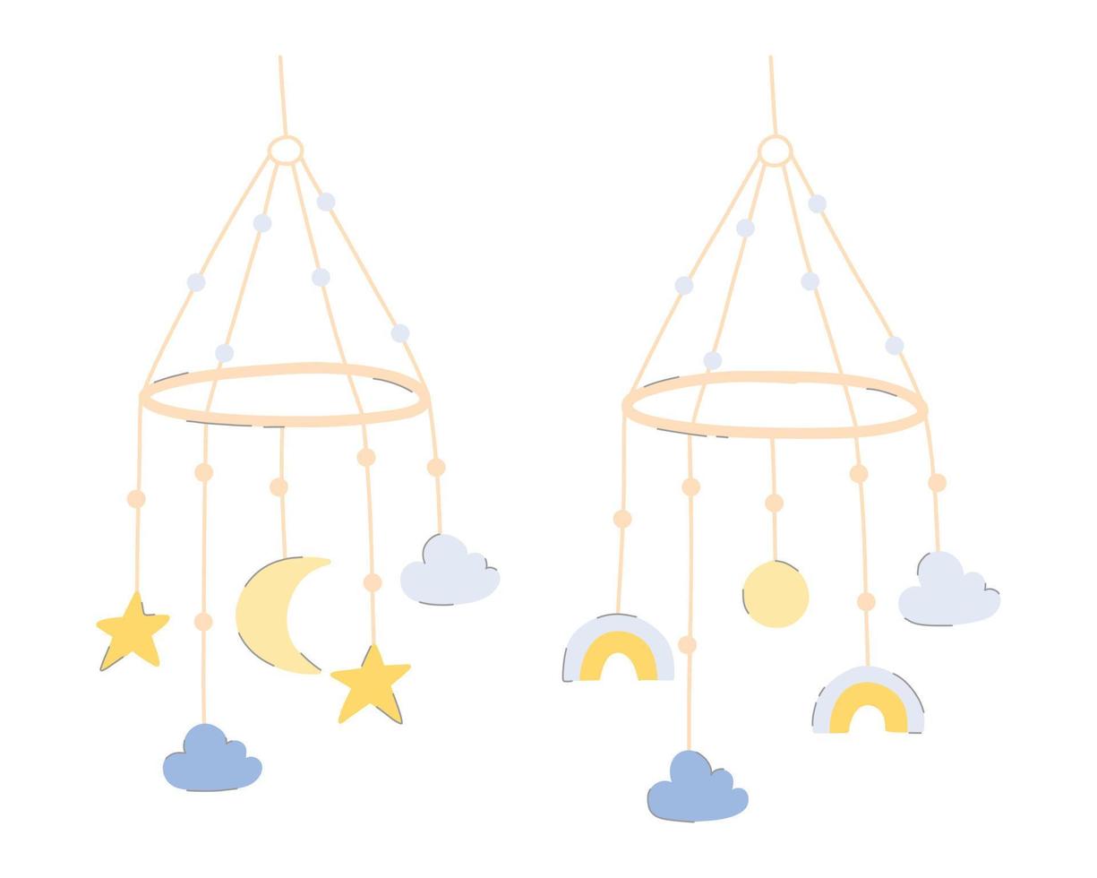Set Baby toy mobile. Vector illustration.Collection toy in flat style. Hand drawn hanging children toy.