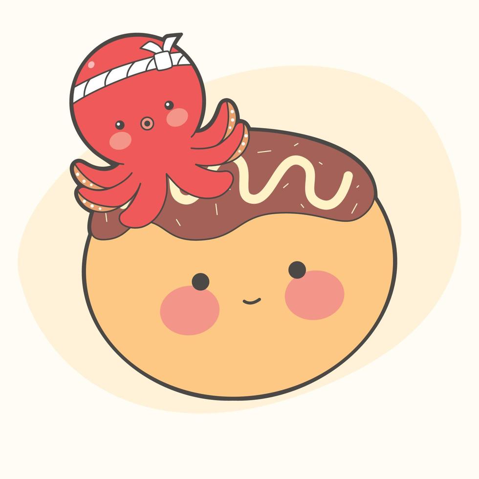 A cute octopus holds takoyaki in its tentacles. Kawaii illustration. Asian food. Traditional Japanese cuisine. vector