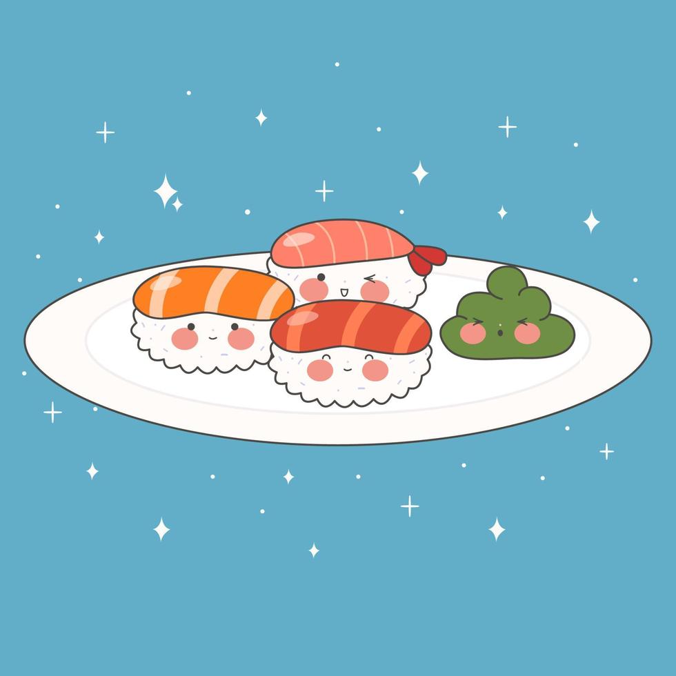 Cute Sushi set with smiling face and pink cheeks.  Sushi time. Kawaii rolls. Japanese traditional cuisine dishes. Stock vector illustration.