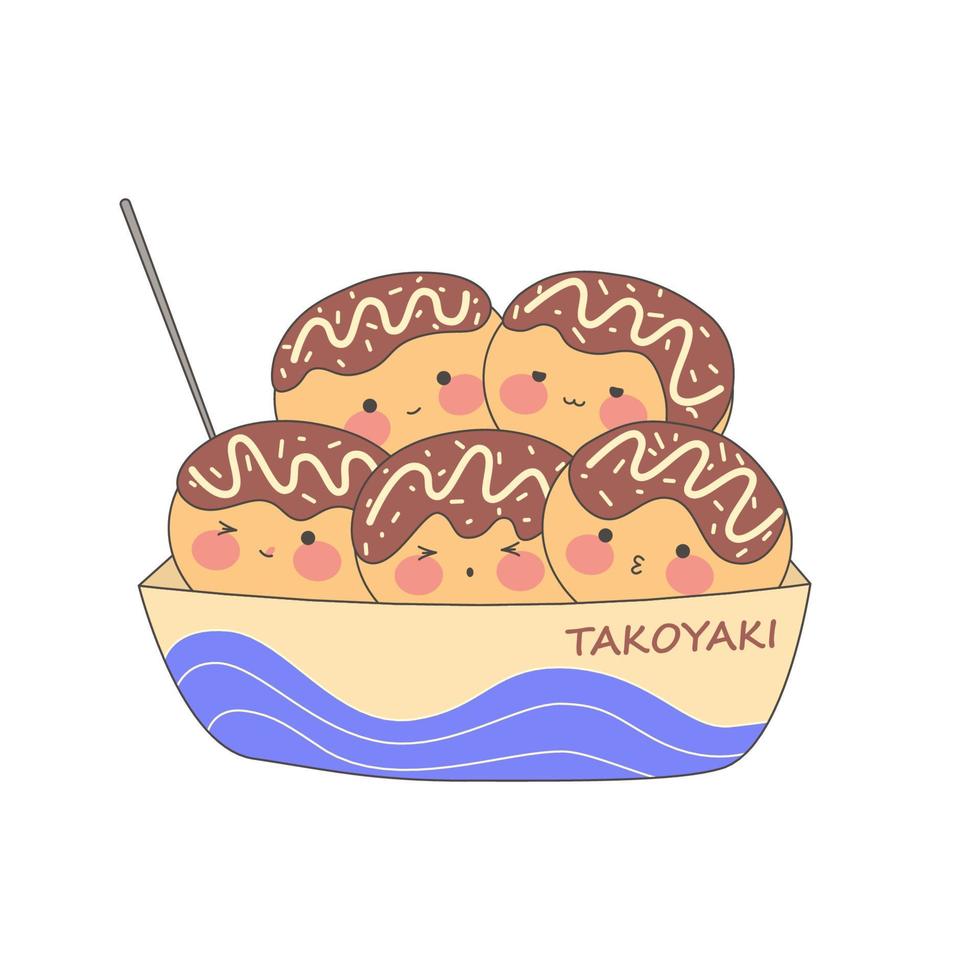 Kawaii takoyaki in a boat-shaped container.Japanese cuisine in cute cartoon style. Traditional Japanese food. Stock vector illustration.