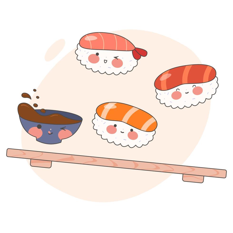 Cute Sushi set with smiling face and pink cheeks.  Sushi time. Kawaii rolls. Japanese traditional cuisine dishes. Stock vector illustration.