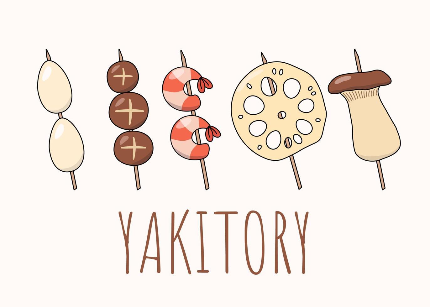 Set of different yakitori shiitake mushrooms, lotus root, shrimp. Traditional Japanese cuisine. Asian street food. Stock vector illustration