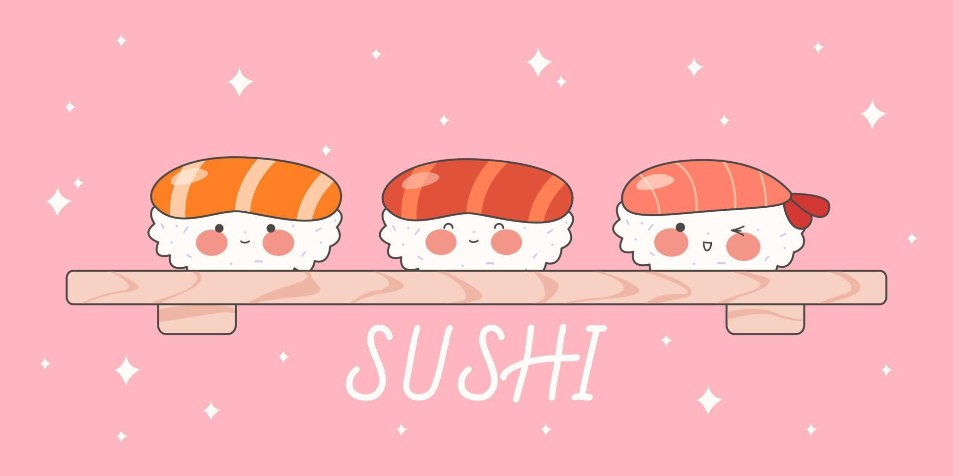 linda Sushi conjunto con sonriente cara y rosado las mejillas. kawaii rollos japonés tradicional cocina platos. valores vector ilustración.