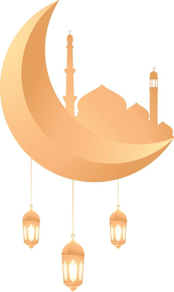 golden mosque behind 3d shiny crescent moon and beautiful lantern for islamic icon and element for ramadan kareem vector