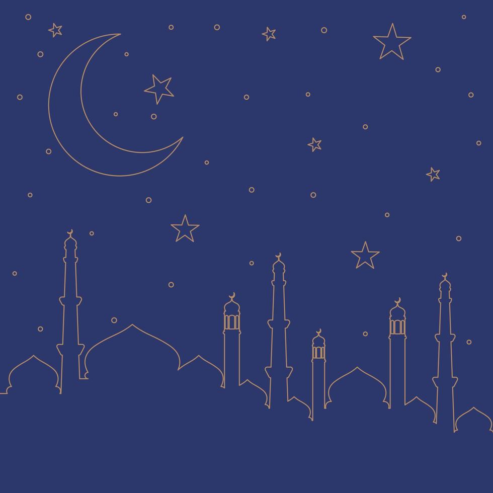 Minimalist islamic background. Luxury gold outline islamic mosque and sky full of stars with big crescent moon. Perfect for greeting cards, posters, and social media posts vector