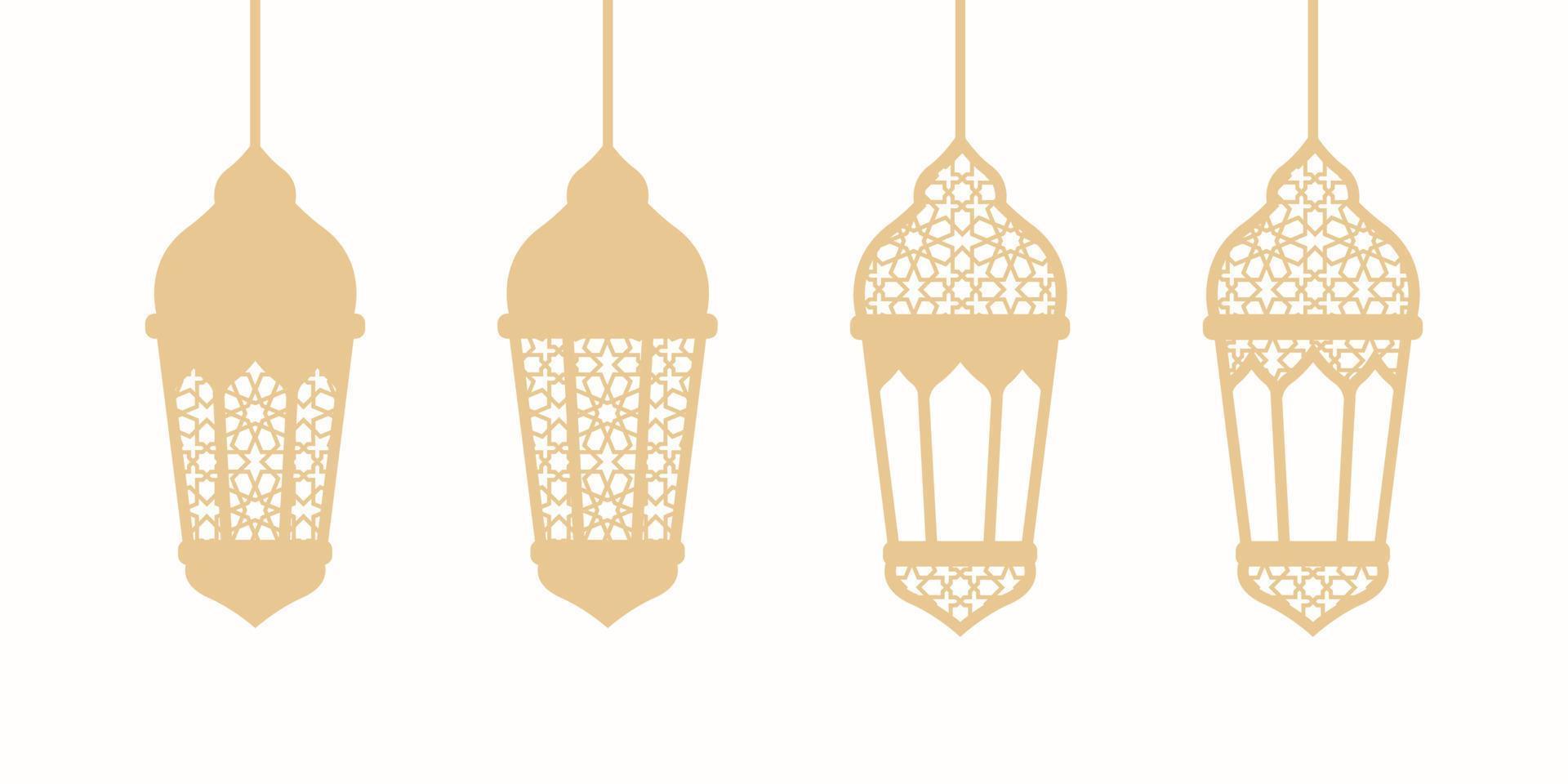 Set of luxury golden arabic lantern with islamic pattern. Golden lantern, lamp line icons. Arabian design element. Islam decoration. Greeting garland. Muslim festival. Vector illustration.