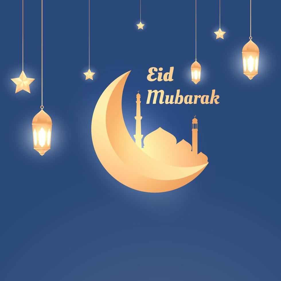 Eid mubarak golden luxury design. shiny gold mosque with beautiful 3d crescent moon and traditional ornament lantern and bright star. Perfect for greeting cards, posters, and social media posts vector