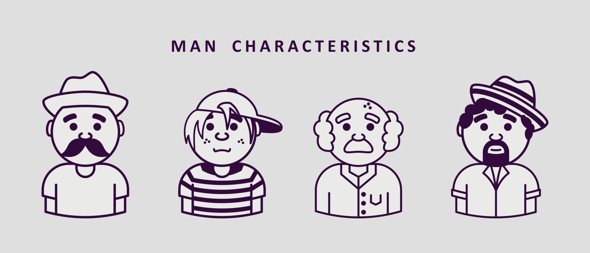 set icons men in cartoon, vector, man features vector