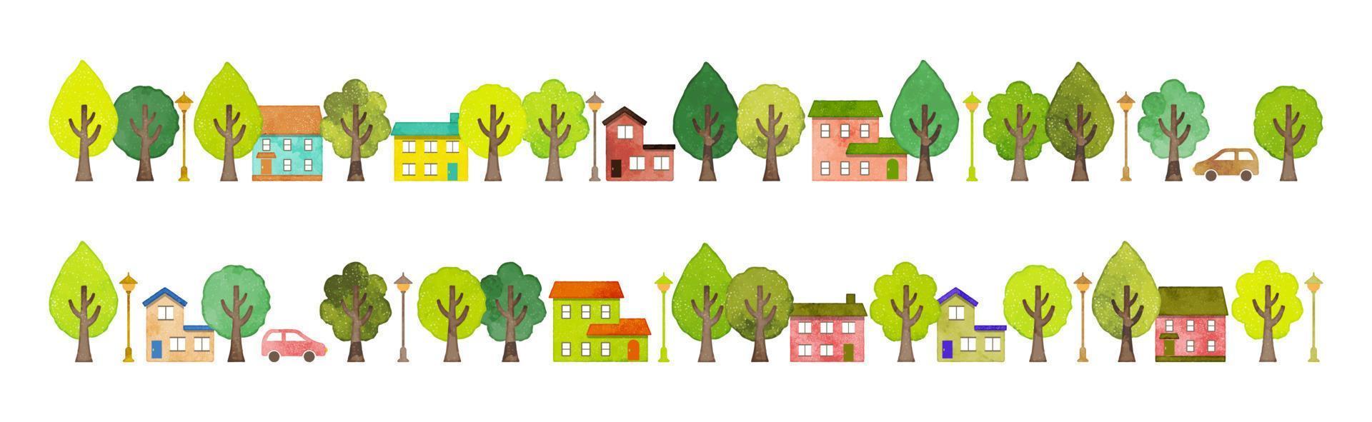 Trees and houses decoration, hand drawn watercolor illustration -vector vector