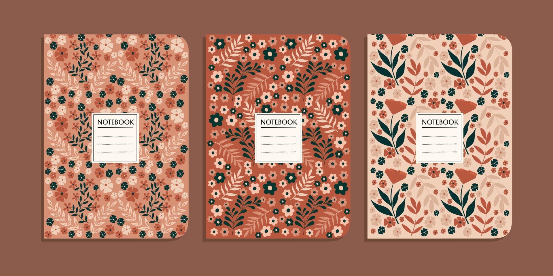 set of note book cover template with hand drawn floral pattern. abstract retro botanical background.size A4 For notebooks, planners, school, brochures, books, catalogs vector