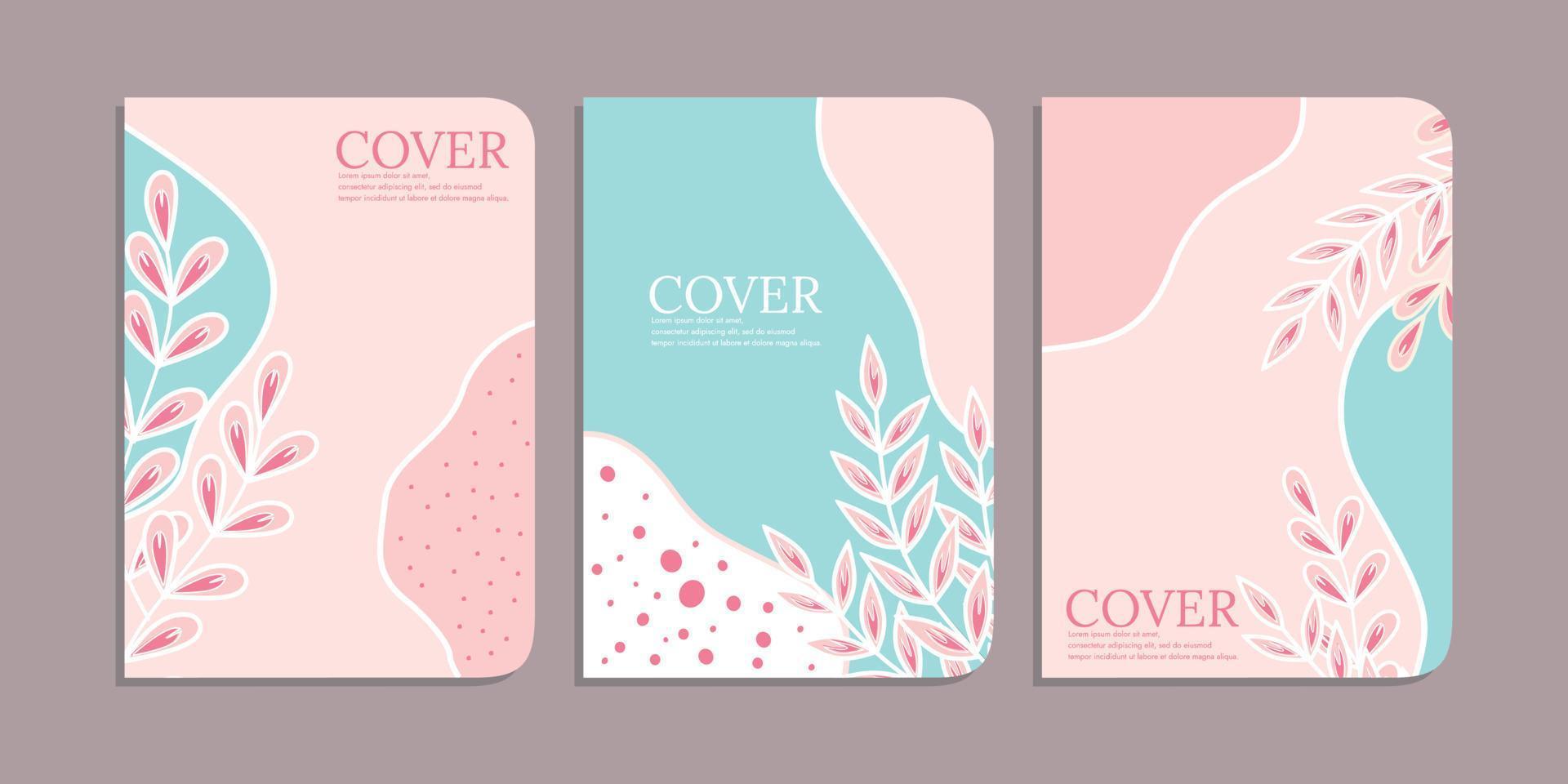 set of simple book cover templates with beautiful hand drawn floral decorations. abstract retro botanical background.size A4 For notebook, planner, school, brochure, book, catalog vector