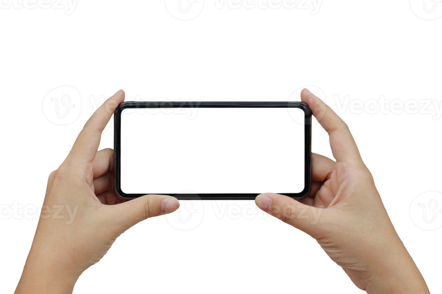 Hands holding smart phone with blank touch screen png