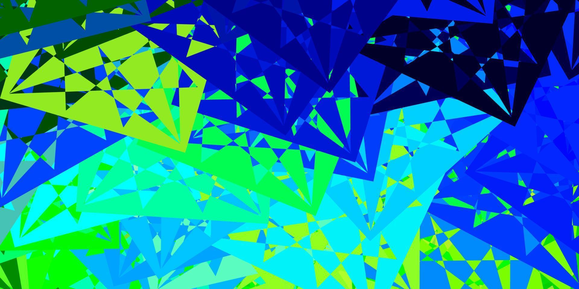 Telón de fondo de vector azul claro, verde con triángulos, líneas.