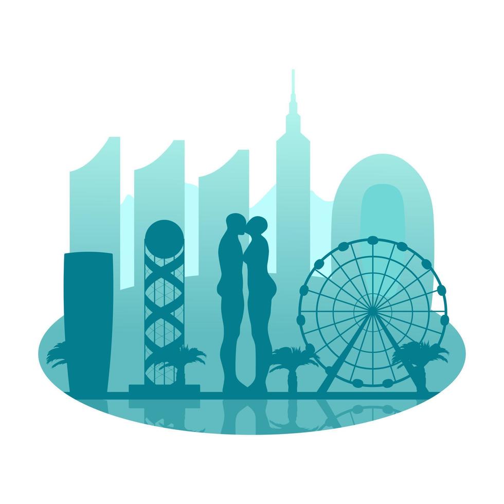 Batumi, Georgia, vector silhouette of the city with famous city sights on a background of mountains