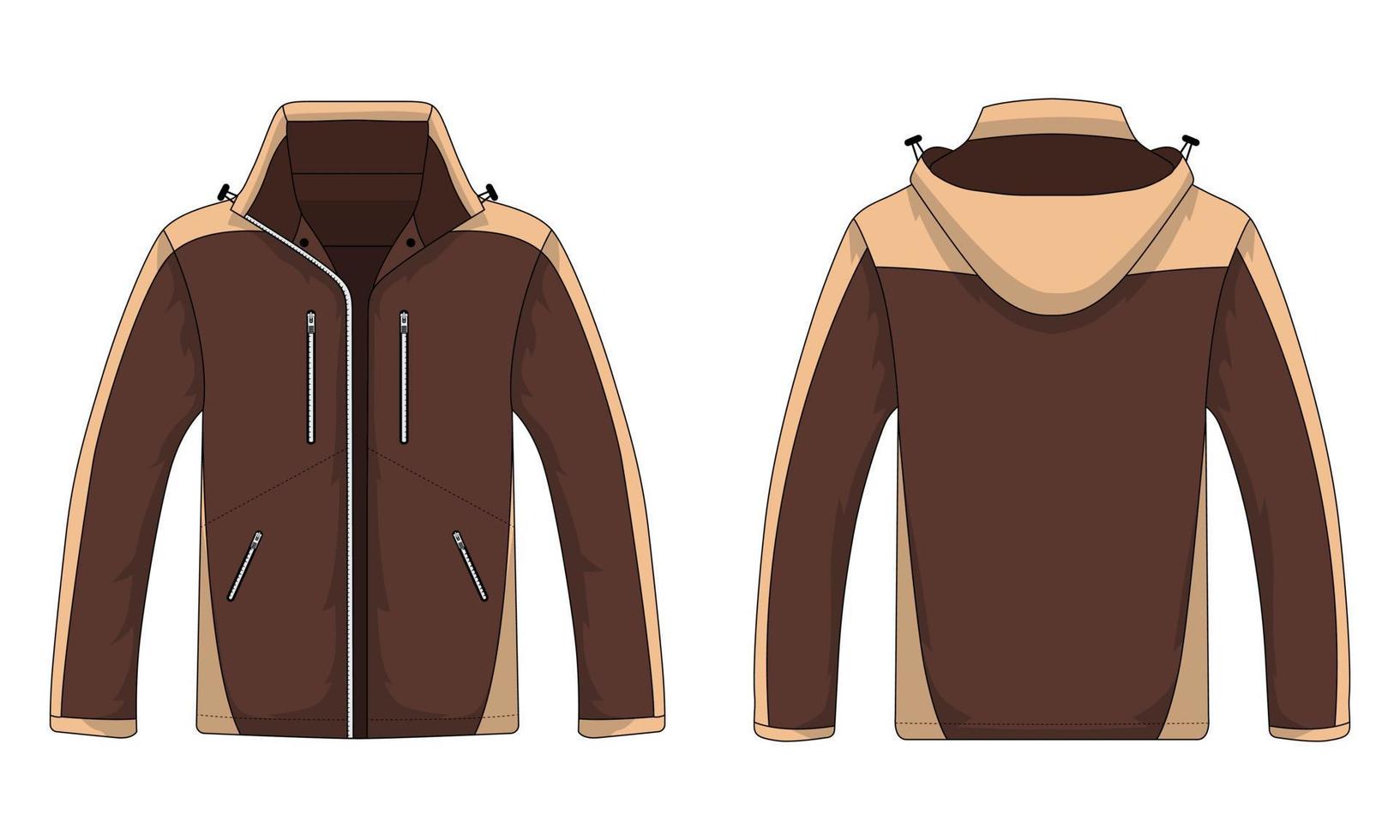 Brown zippered hoodie jacket mockup front and back view vector