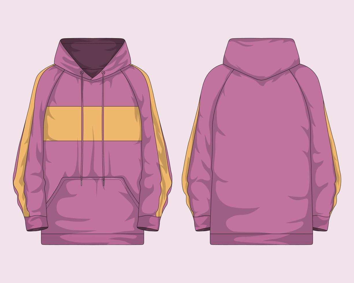 Pink women's hoodie with yellow stripes front and back view vector