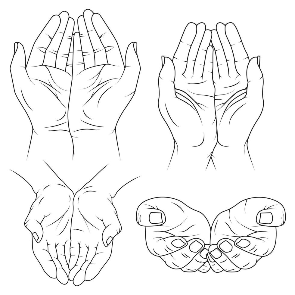 Collection of praying hands drawing outline vector