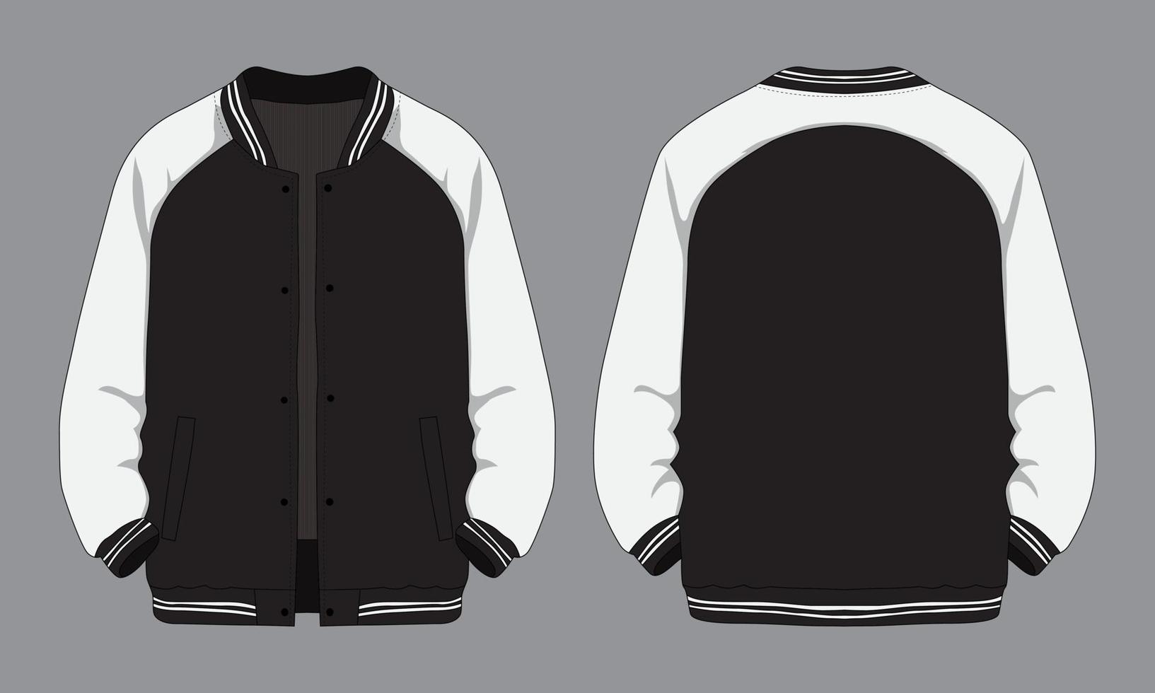 Black and white varsity jacket mockup front and back view vector