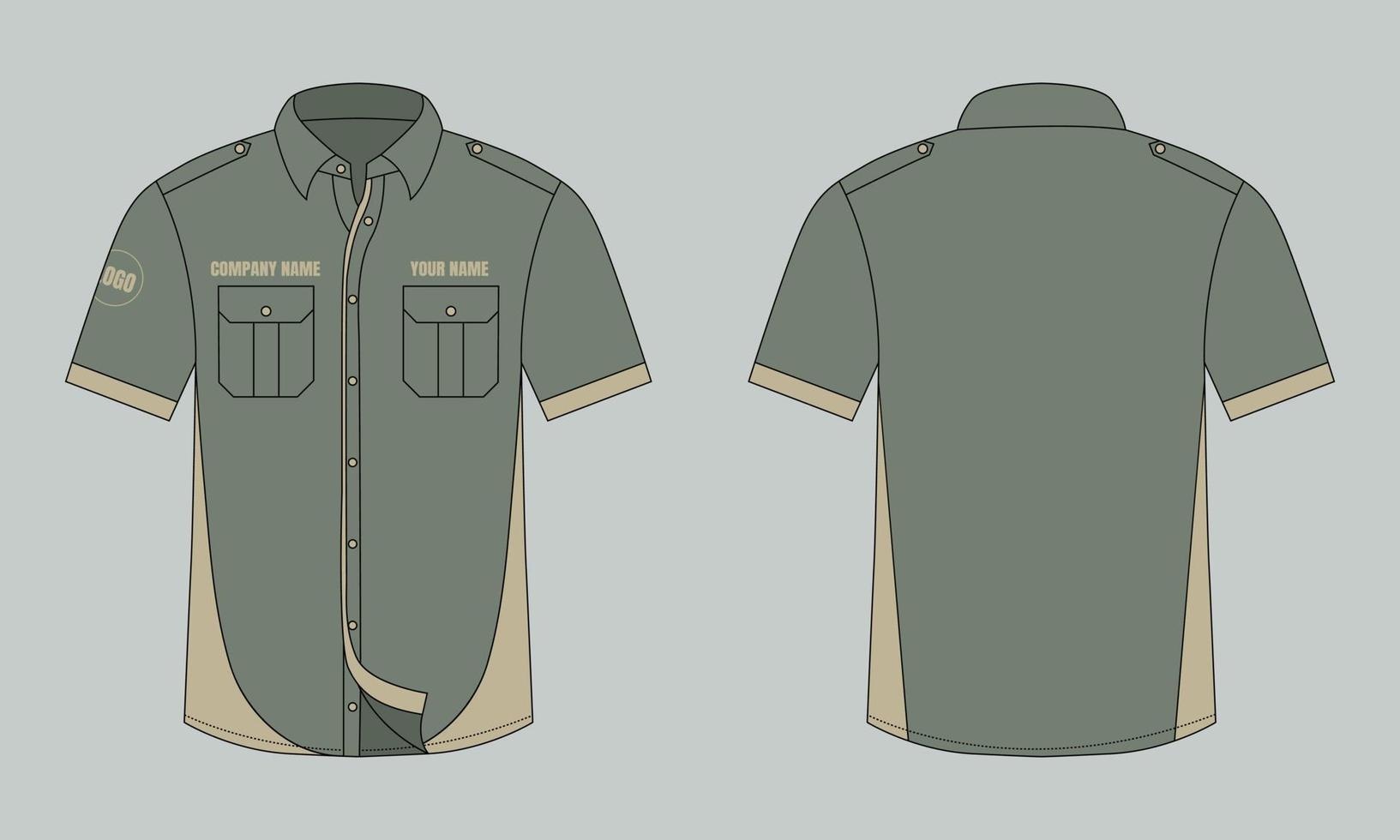 Army color office shirt mockup front and back view vector